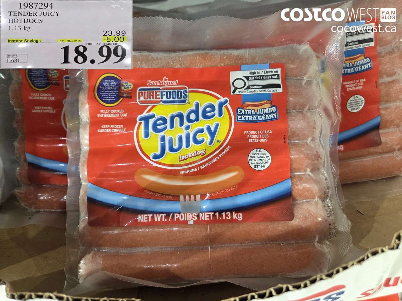 1987294 TENDER JUICY HOTDOGS 1.13 KG ($5.00 INSTANT SAVINGS EXPIRES ON 2026-05-24) $18.99