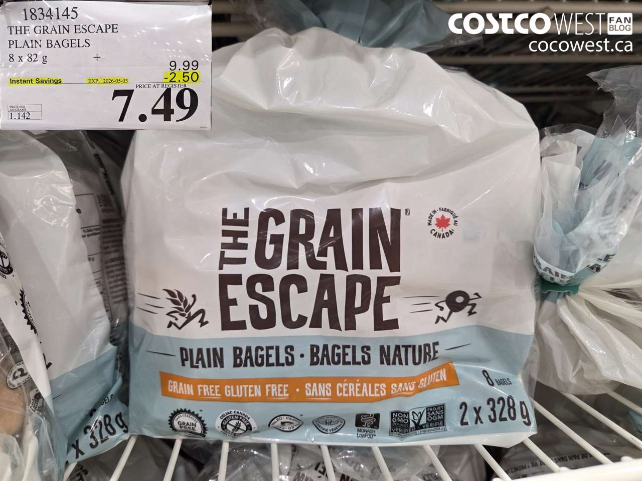 1834145 THE GRAIN ESCAPE PLAIN BAGELS 8 X 82 G ($2.50 INSTANT SAVINGS EXPIRES ON 2026-05-03) $7.49