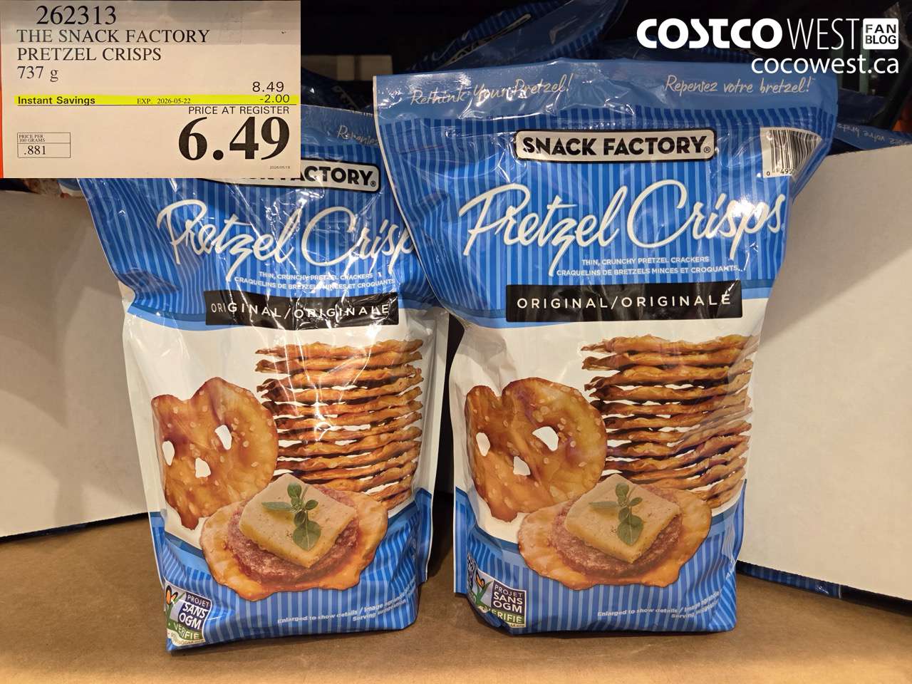 262313 THE SNACK FACTORY PRETZEL CRISPS 737 G ($2.00 INSTANT SAVINGS EXPIRES ON 2026-05-22) $6.49