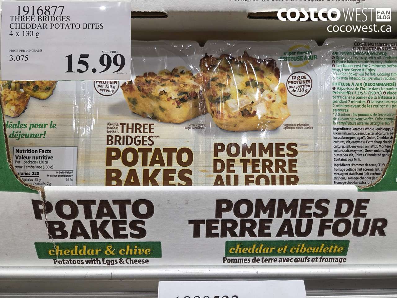 1916877 THREE BRIDGES CHEDDAR POTATO BITES 4 X 130 G $15.99