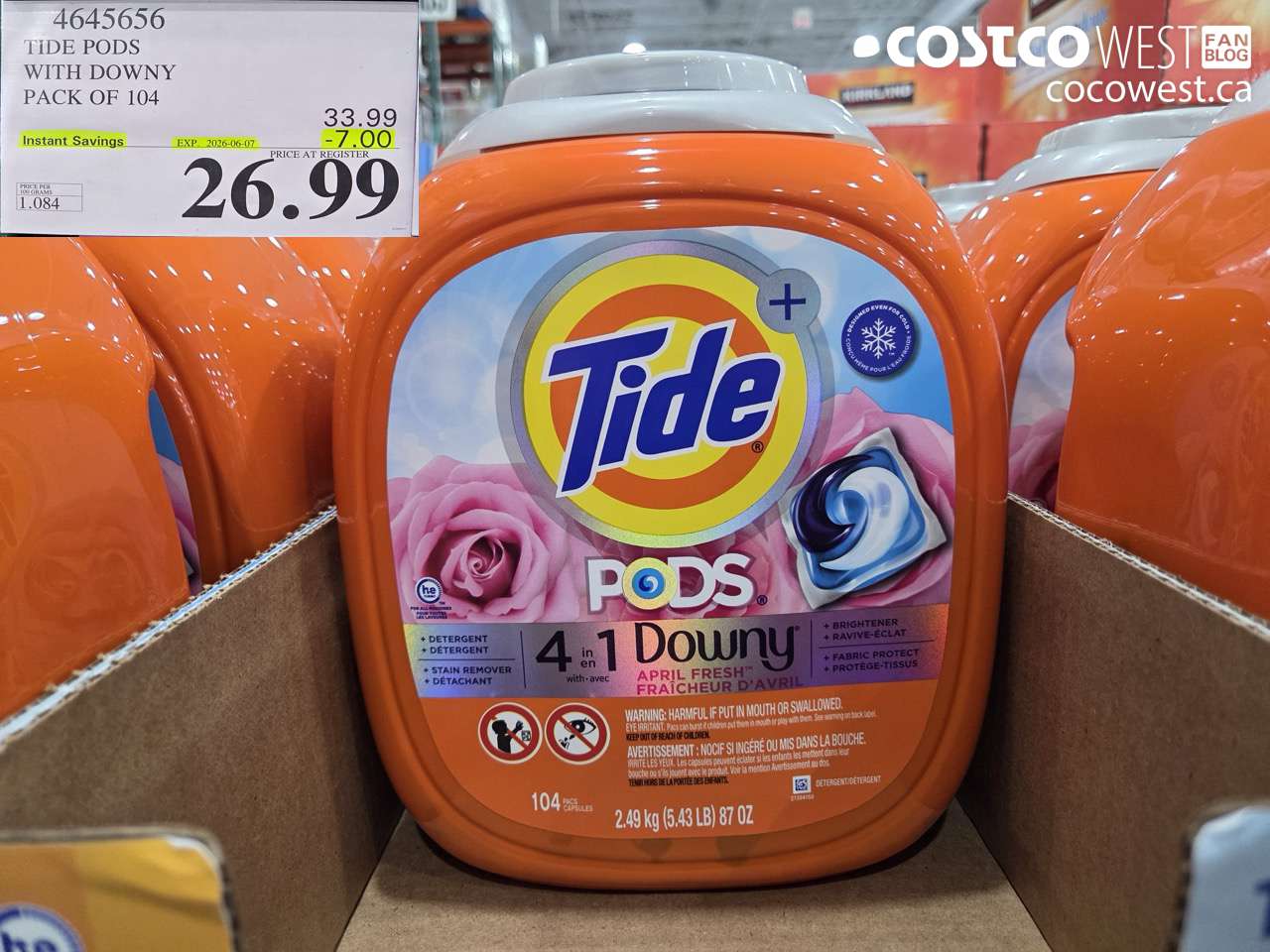 4645656 TIDE PODS WITH DOWNY PACK OF 104 ($7.00 INSTANT SAVINGS EXPIRES ON 2026-06-07) $26.99