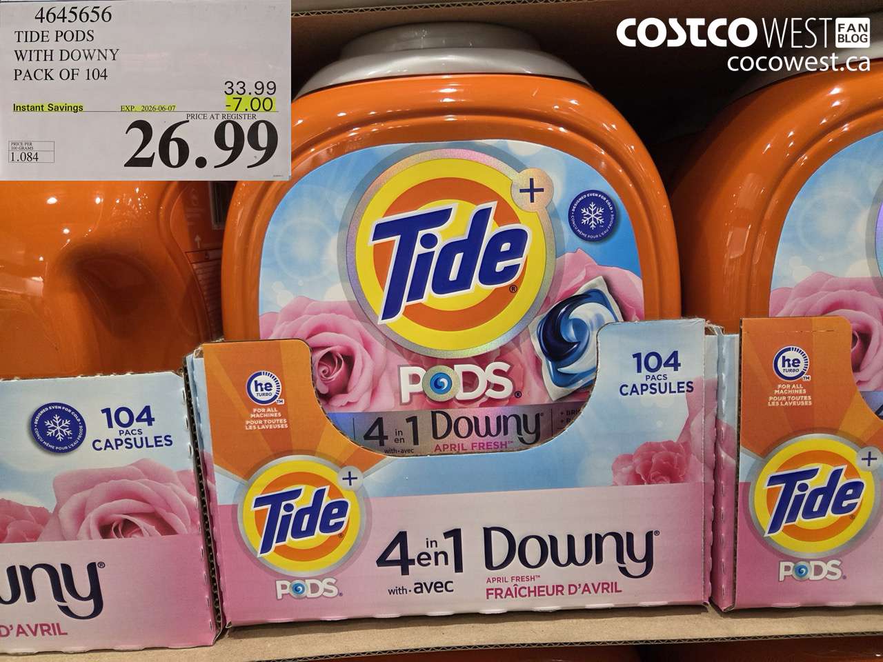 4645656 TIDE PODS WITH DOWNY PACK OF 104 ($7.00 INSTANT SAVINGS EXPIRES ON 2026-06-07) $26.99