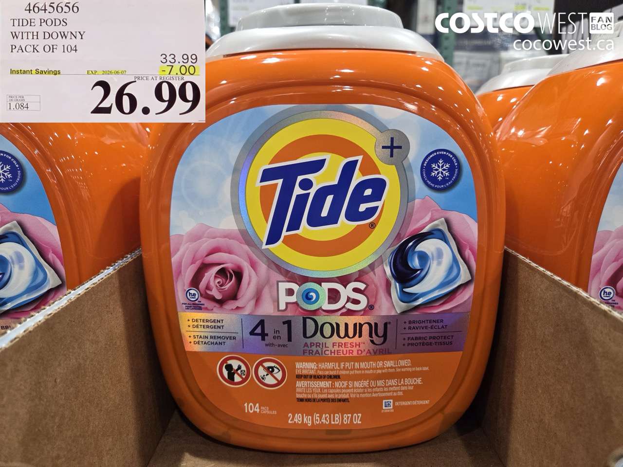 4645656 TIDE PODS WITH DOWNY PACK OF 104 ($7.00 INSTANT SAVINGS EXPIRES ON 2026-06-07) $26.99