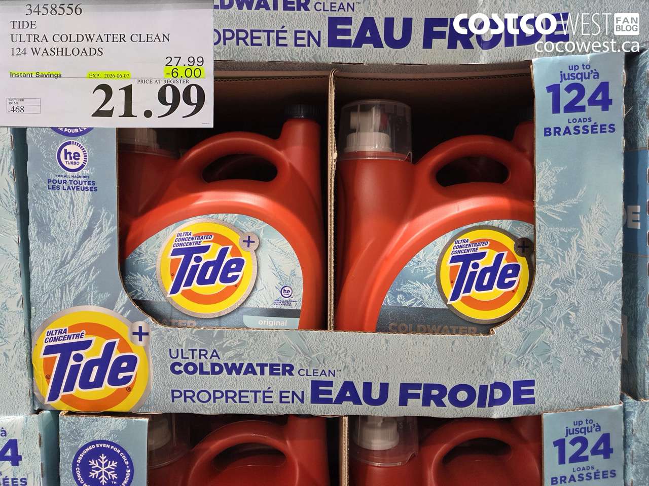 3458556 TIDE ULTRA COLDWATER CLEAN 124 WASHLOADS ($6.00 INSTANT SAVINGS EXPIRES ON 2026-06-07) $21.99
