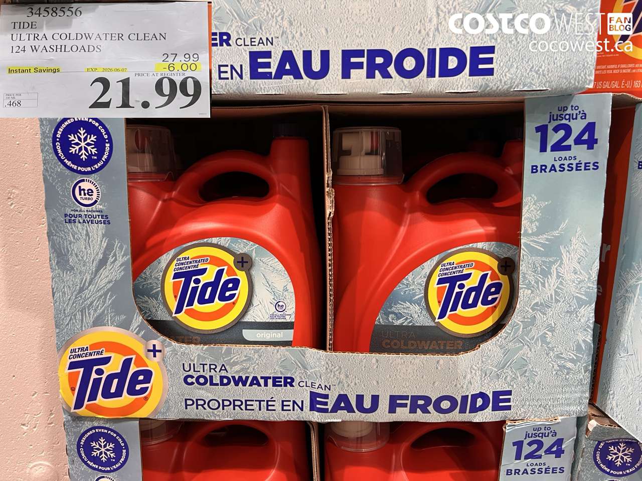 3458556 TIDE ULTRA COLDWATER CLEAN 124 WASHLOADS ($6.00 INSTANT SAVINGS EXPIRES ON 2026-06-07) $21.99