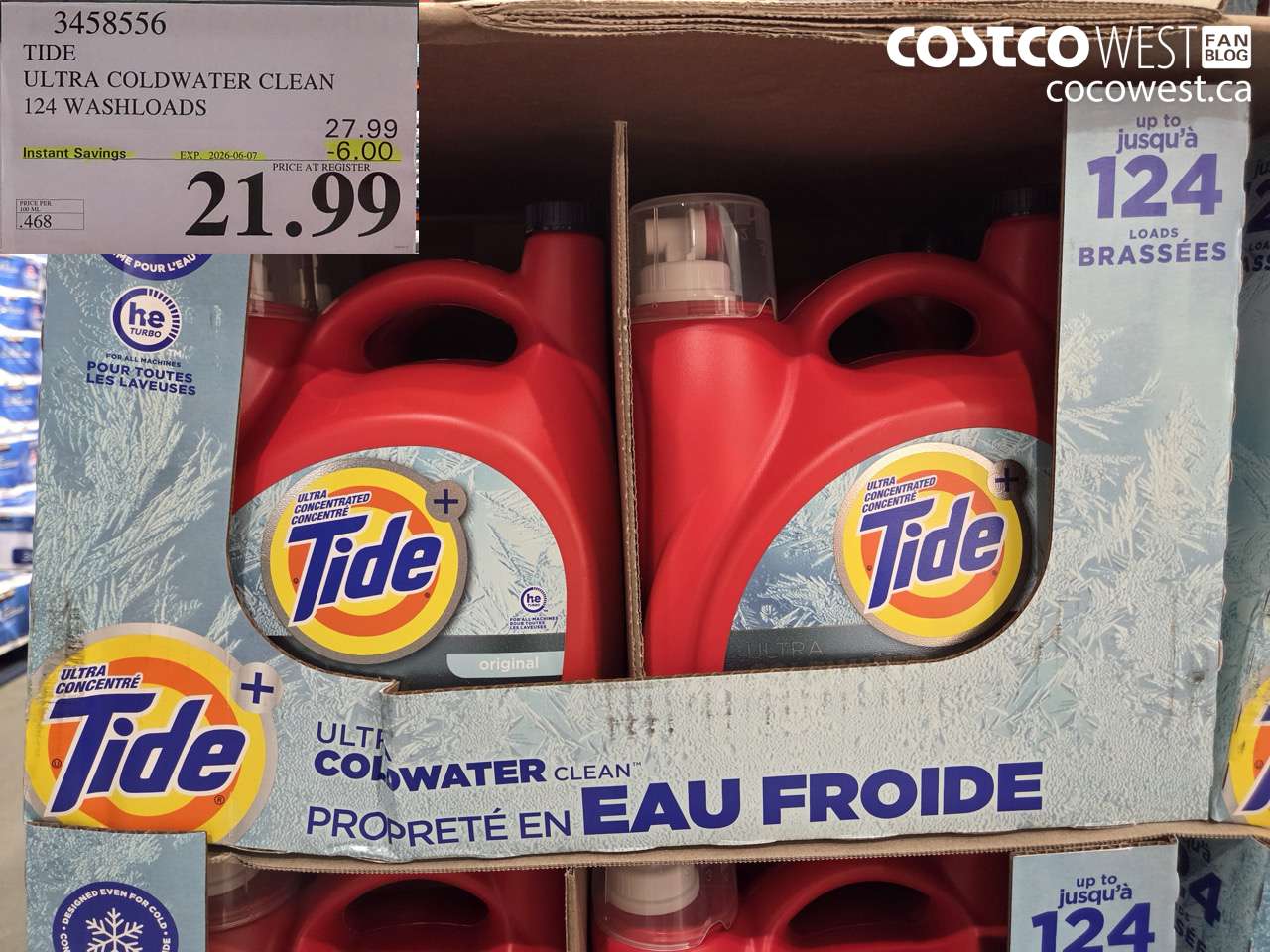 3458556 TIDE ULTRA COLDWATER CLEAN 124 WASHLOADS ($6.00 INSTANT SAVINGS EXPIRES ON 2026-06-07) $21.99
