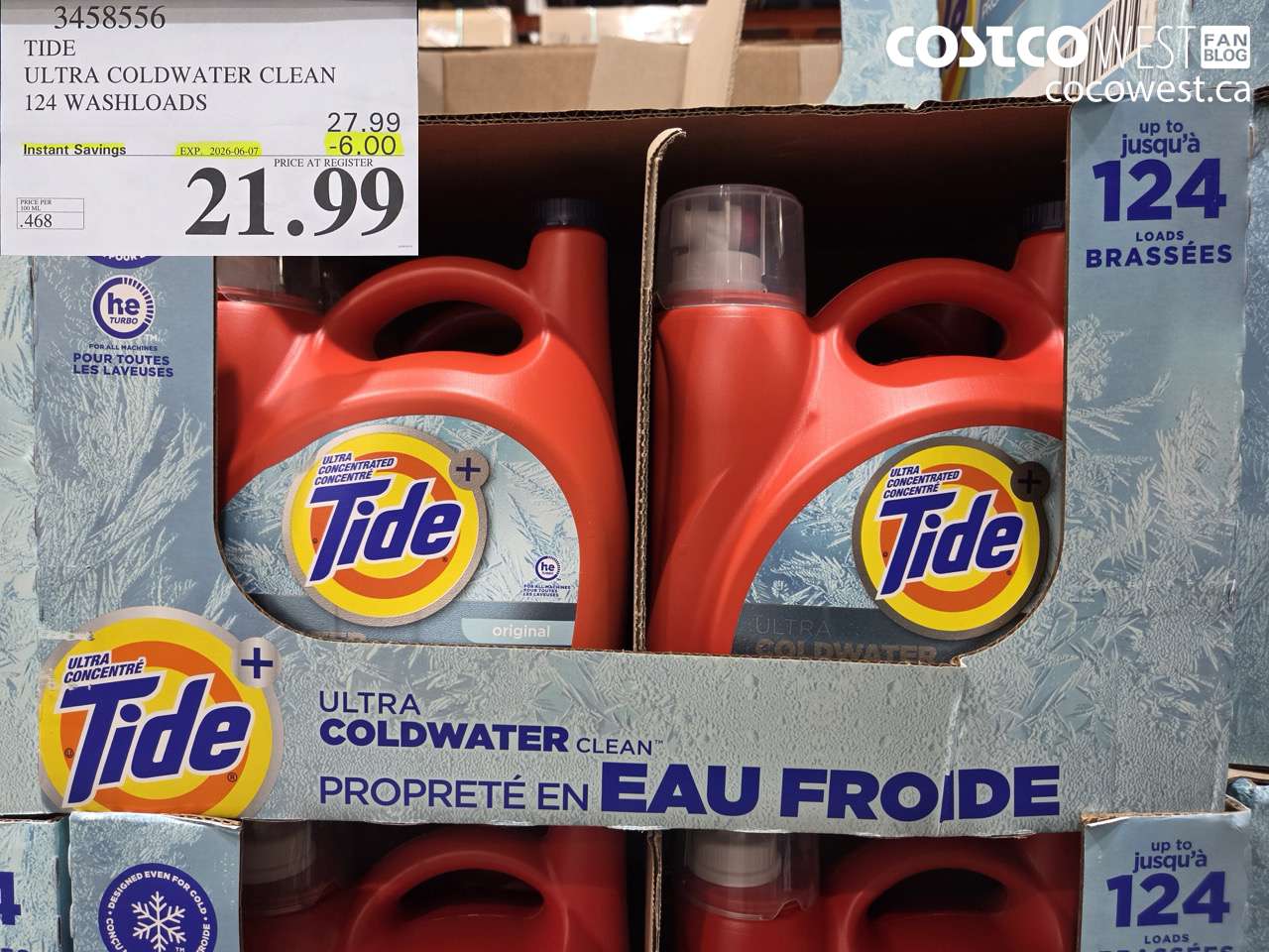 3458556 TIDE ULTRA COLDWATER CLEAN 124 WASHLOADS ($6.00 INSTANT SAVINGS EXPIRES ON 2026-06-07) $21.99