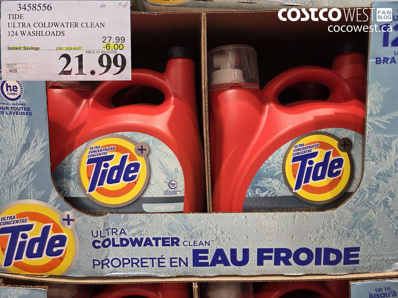3458556 TIDE ULTRA COLDWATER CLEAN 124 WASHLOADS ($6.00 INSTANT SAVINGS EXPIRES ON 2026-06-07) $21.99