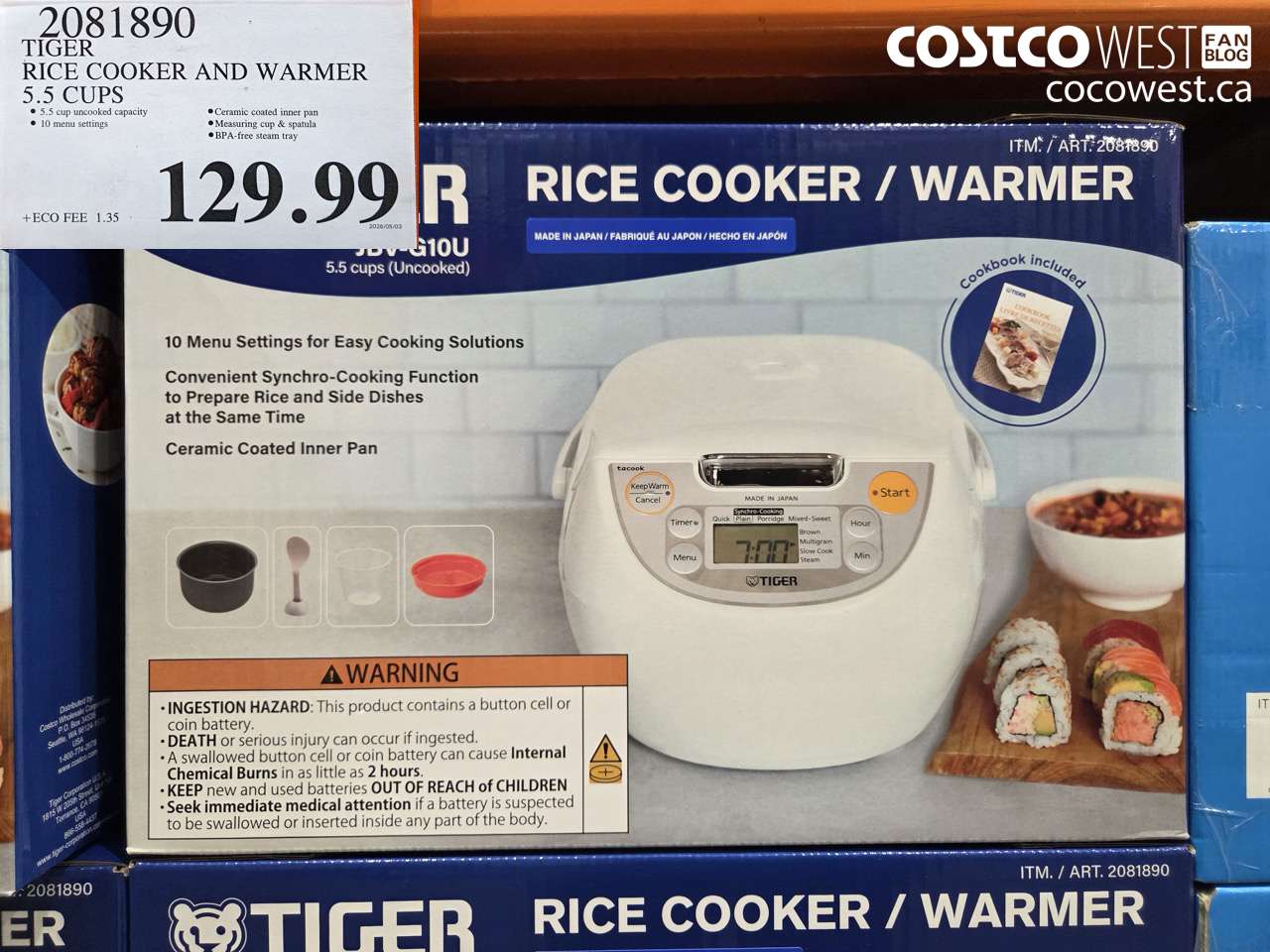 2081890 TIGER RICE COOKER AND WARMER 5.5 CUPS $129.99