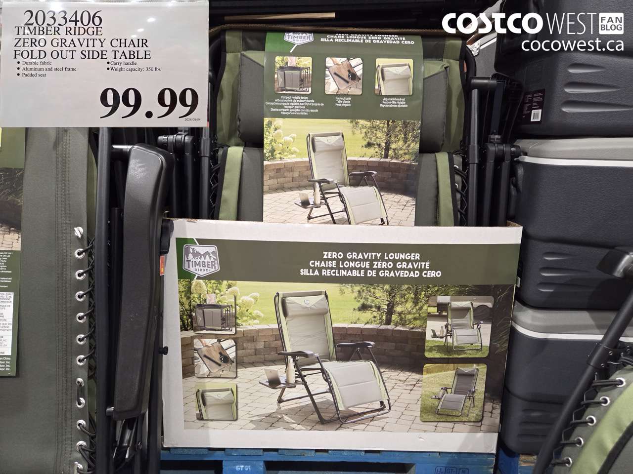 2033406 TIMBER RIDGE ZERO GRAVITY CHAIR FOLD OUT SIDE TABLE $99.99