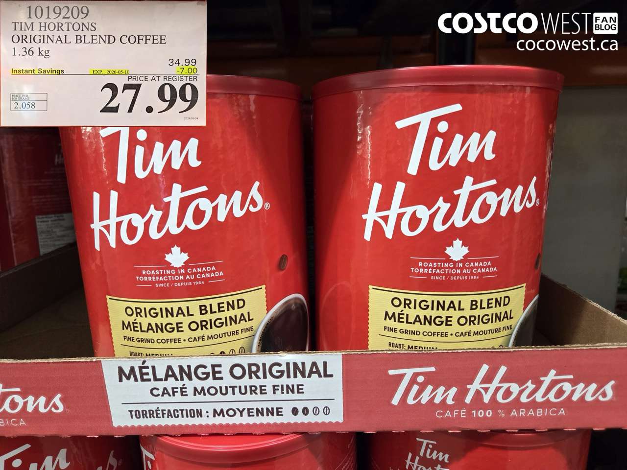 1019209 TIM HORTONS ORIGINAL BLEND COFFEE 1.36 KG ($7.00 INSTANT SAVINGS EXPIRES ON 2026-05-10) $27.99