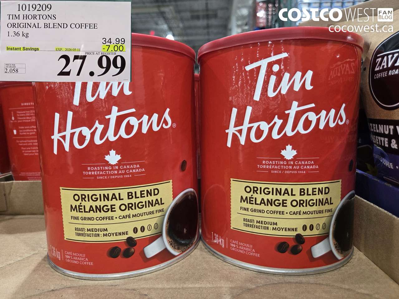 1019209 TIM HORTONS ORIGINAL BLEND COFFEE 1.36 KG ($7.00 INSTANT SAVINGS EXPIRES ON 2026-05-11) $27.99