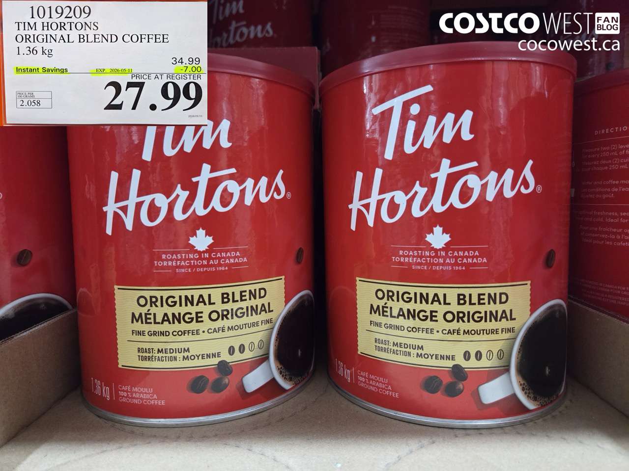 1019209 TIM HORTONS ORIGINAL BLEND COFFEE 1.36 KG ($7.00 INSTANT SAVINGS EXPIRES ON 2026-05-11) $27.99