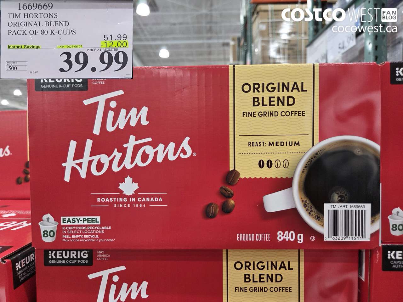 1669669 TIM HORTONS ORIGINAL BLEND PACK OF 80 K-CUPS ($12.00 INSTANT SAVINGS EXPIRES ON 2026-06-07) $39.99