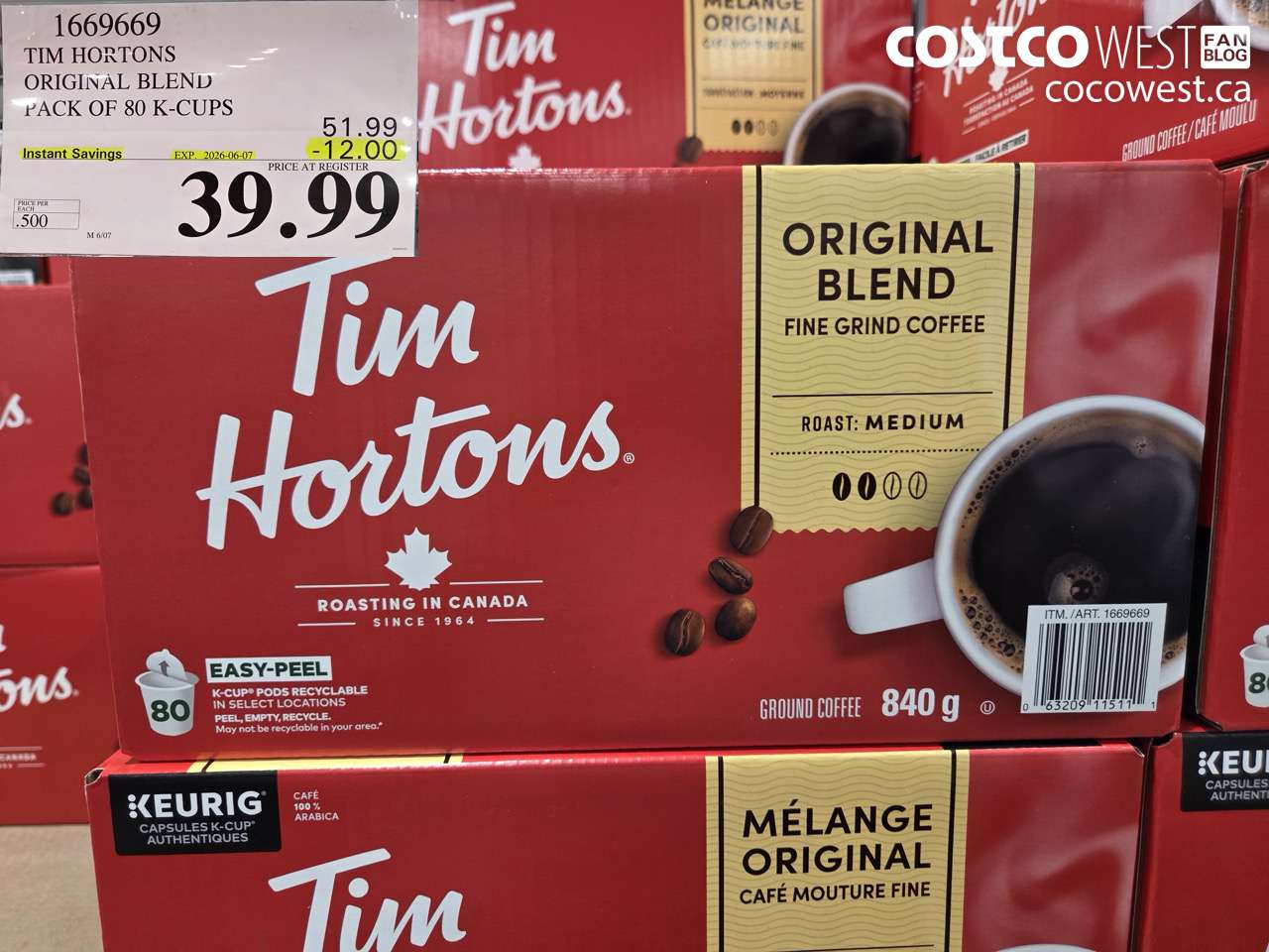 1669669 TIM HORTONS ORIGINAL BLEND PACK OF 80 K-CUPS ($12.00 INSTANT SAVINGS EXPIRES ON 2026-06-07) $39.99