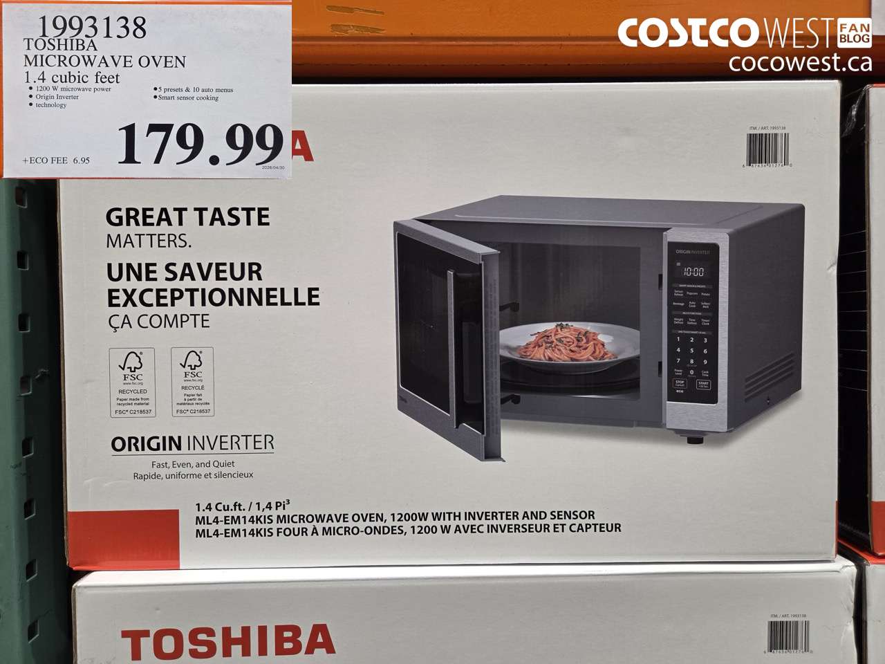 1993138 TOSHIBA MICROWAVE OVEN 1.4 CUBIC FEET $179.99