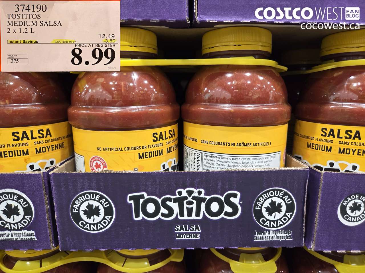 374190 TOSTITOS MEDIUM SALSA 2 X 1.2 L ($3.50 INSTANT SAVINGS EXPIRES ON 2026-06-07) $8.99