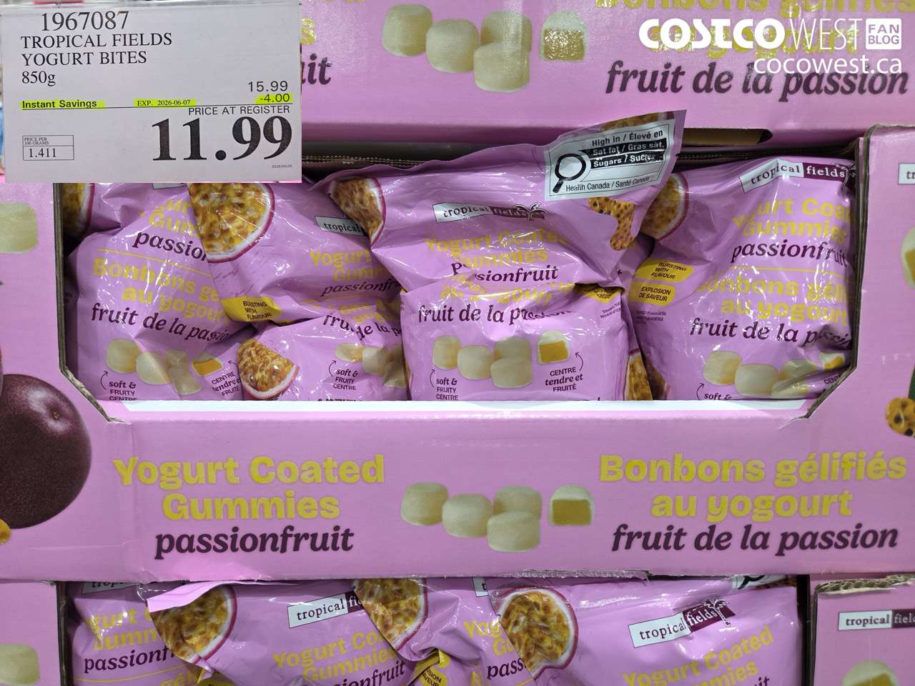 1967087 TROPICAL FIELDS YOGURT BITES 850G ($4.00 INSTANT SAVINGS EXPIRES ON 2026-06-07) $11.99