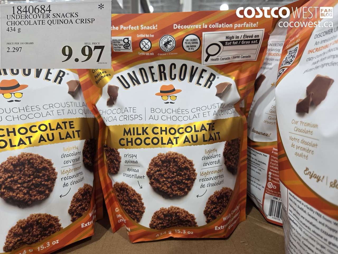 1840684 UNDERCOVER SNACKS CHOCOLATE QUINOA CRISP 434 G $9.97