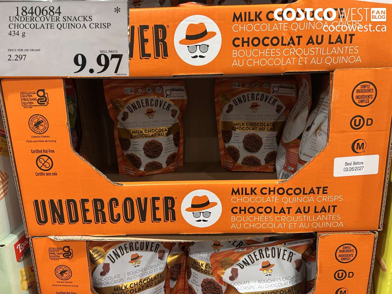 1840684 UNDERCOVER SNACKS CHOCOLATE QUINOA CRISP 434 G $9.97