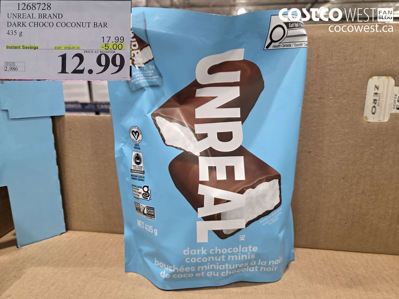 1268728 UNREAL BRAND DARK CHOCO COCONUT BAR 435 G ($5.00 INSTANT SAVINGS EXPIRES ON 2026-05-10) $12.99
