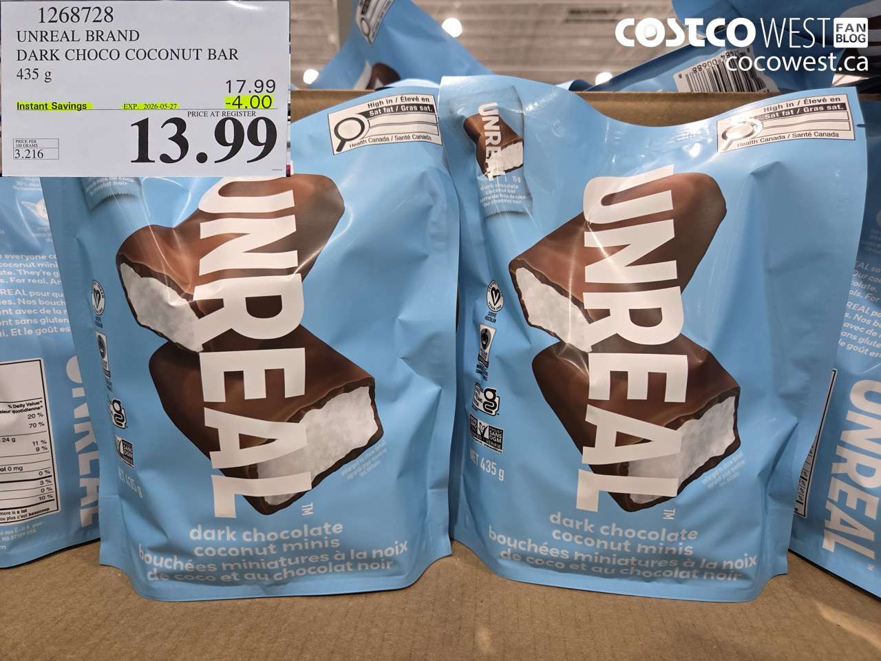 1268728 UNREAL BRAND DARK CHOCO COCONUT BAR 435 G ($4.00 INSTANT SAVINGS EXPIRES ON 2026-05-27) $13.99