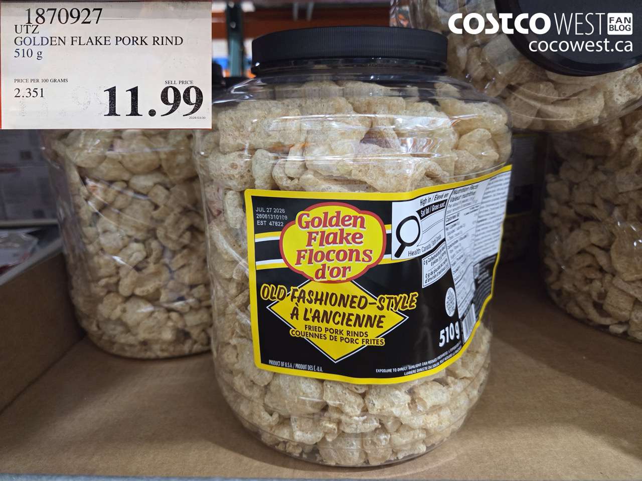 1870927 UTZ GOLDEN FLAKE PORK RIND 510 G $11.99