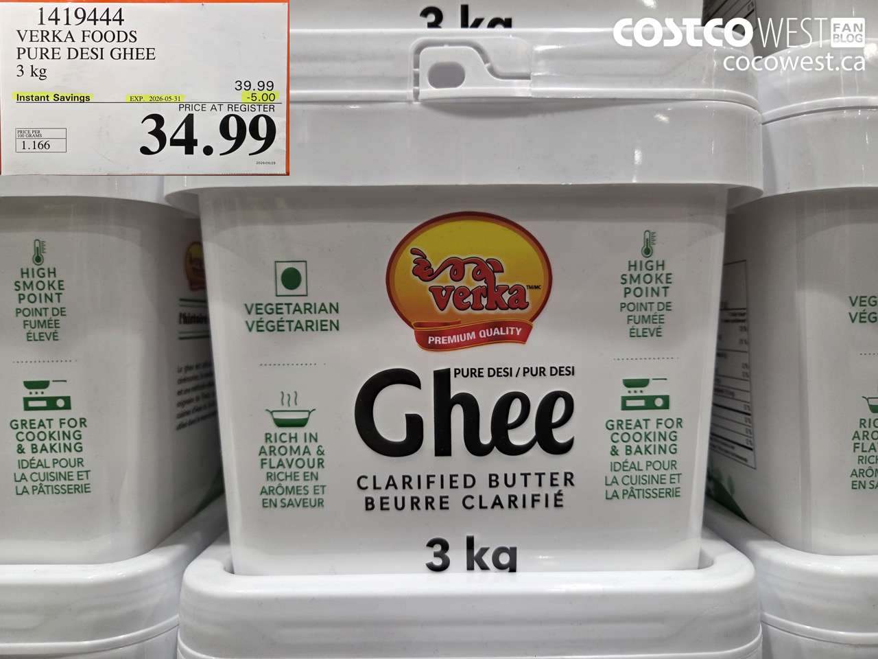 1419444 VERKA FOODS PURE DESI GHEE 3 KG ($5.00 INSTANT SAVINGS EXPIRES ON 2026-05-31) $34.99