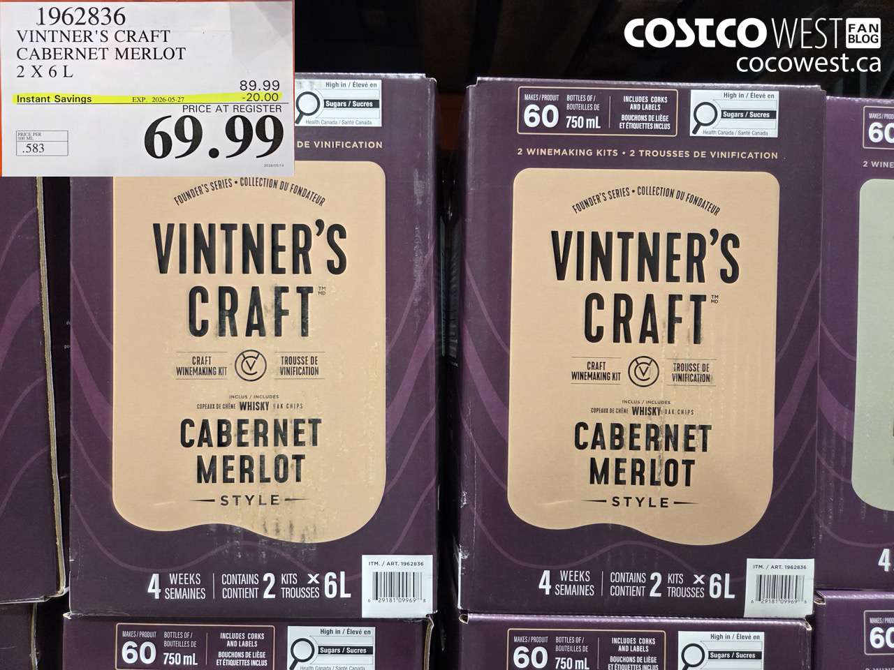 1962836 VINTNER'S CRAFT CABERNET MERLOT 2 X 6 L ($20.00 INSTANT SAVINGS EXPIRES ON 2026-05-27) $69.99