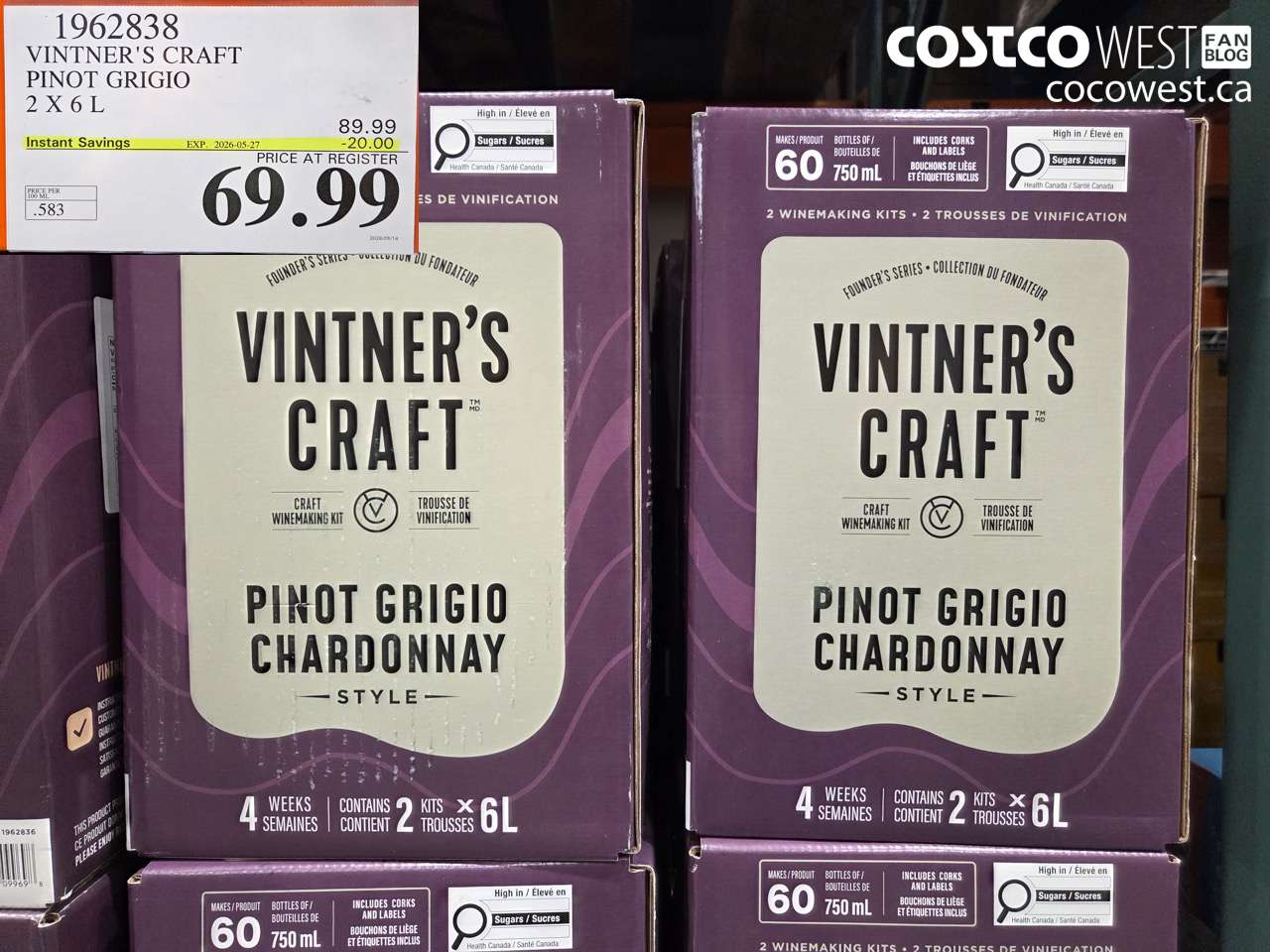 1962838 VINTNER'S CRAFT PINOT GRIGIO 2 X 6 L ($20.00 INSTANT SAVINGS EXPIRES ON 2026-05-27) $69.99