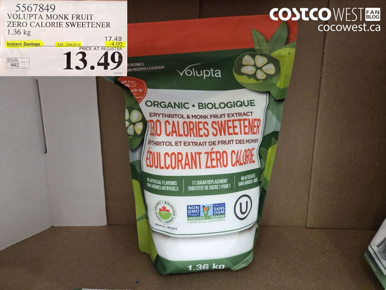 5567849 VOLUPTA MONK FRUIT ZERO CALORIE SWEETENER 1.36 KG ($4.00 INSTANT SAVINGS EXPIRES ON 2026-05-10) $13.49