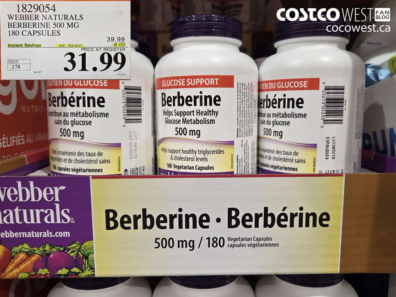 1829054 WEBBER NATURALS BERBERINE 500 MG 180 CAPSULES ($8.00 INSTANT SAVINGS EXPIRES ON 2026-06-07) $31.99