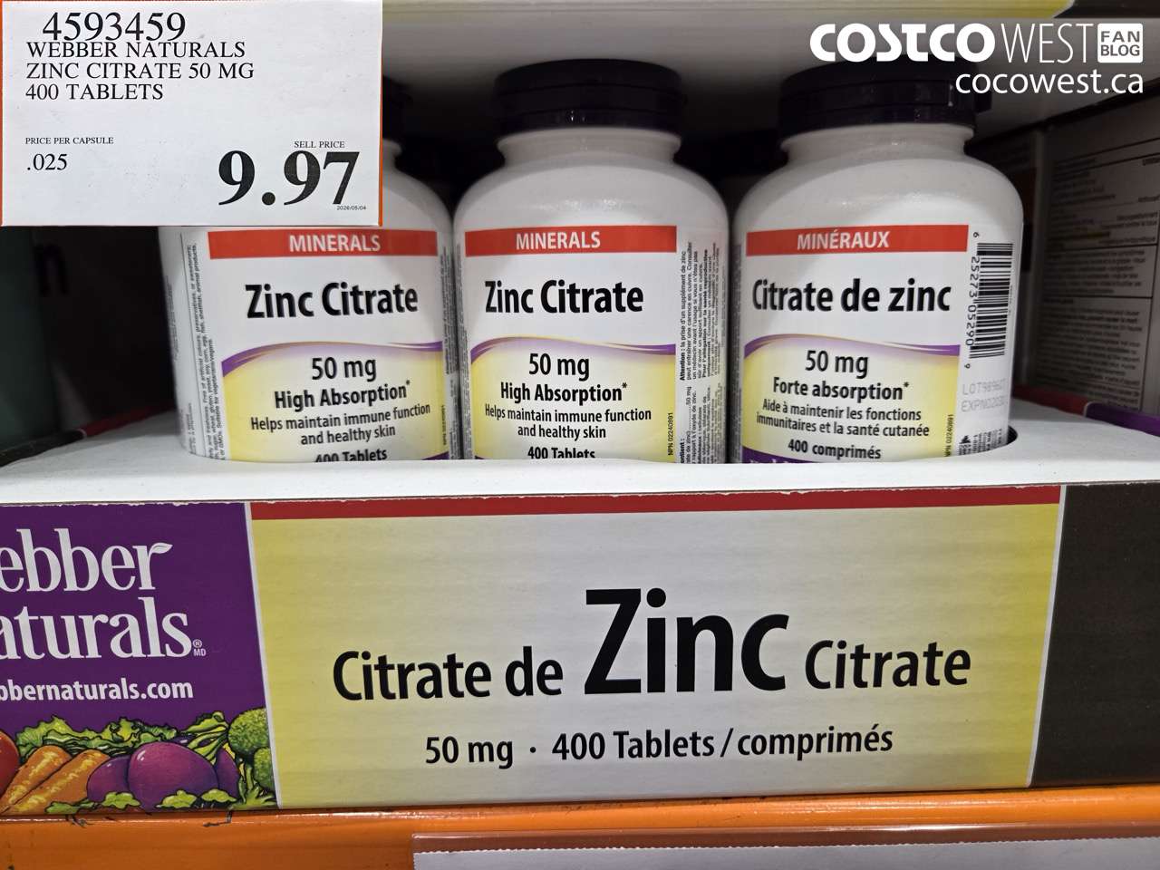 4593459 WEBBER NATURALS ZINC CITRATE 50 MG 400 TABLETS $9.97