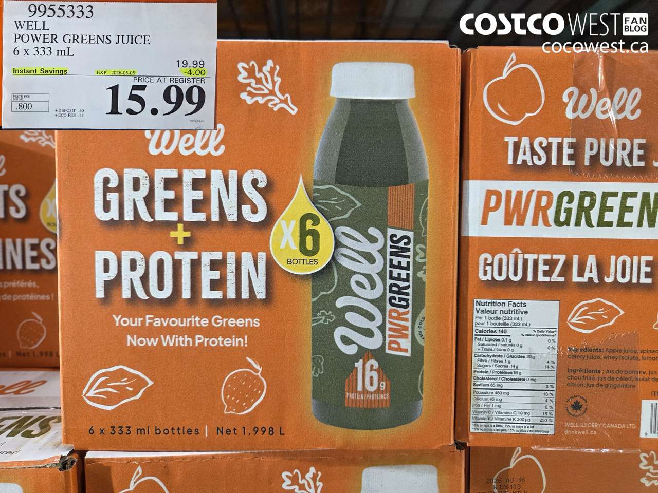 9955333 WELL POWER GREENS JUICE 6 X 333 ML ($4.00 INSTANT SAVINGS EXPIRES ON 2026-05-05) $15.99