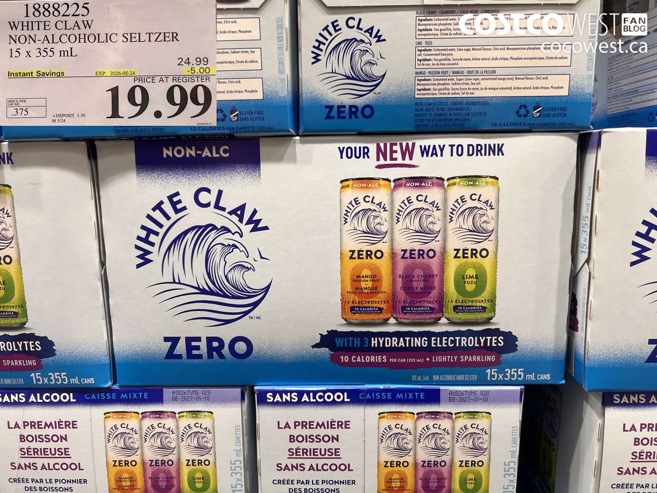 1888225 WHITE CLAW NON-ALCOHOLIC SELTZER 15 X 355 ML ($5.00 INSTANT SAVINGS EXPIRES ON 2026-05-24) $19.99