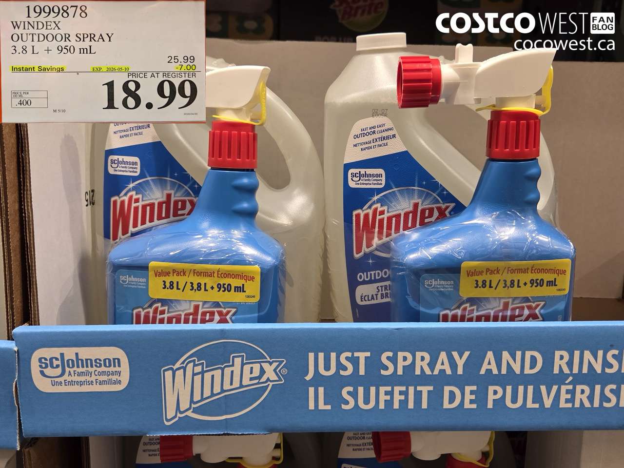 1999878 WINDEX OUTDOOR SPRAY 3.8 L + 950 ML ($7.00 INSTANT SAVINGS EXPIRES ON 2026-05-10) $18.99