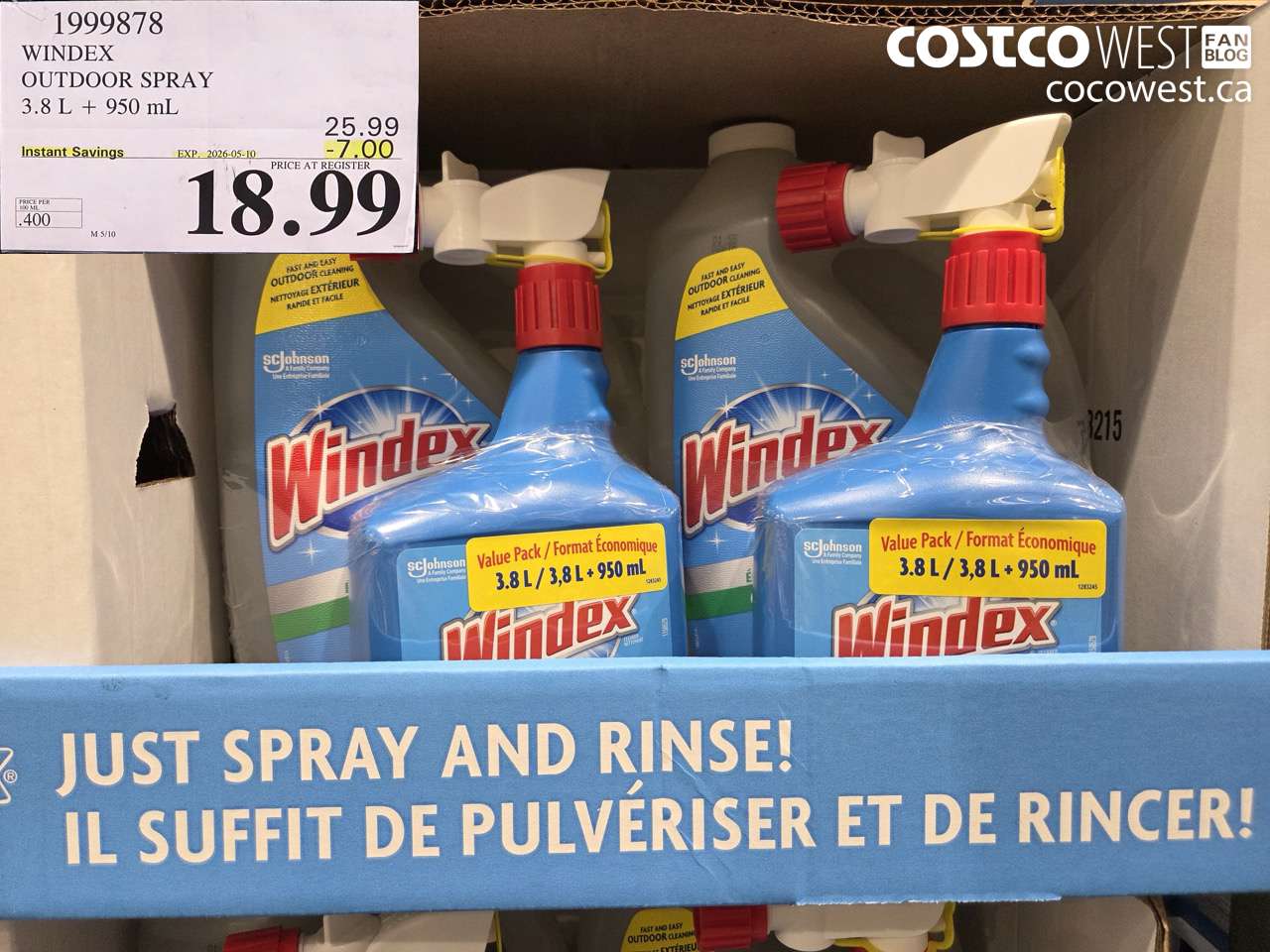 1999878 WINDEX OUTDOOR SPRAY 3.8 L + 950 ML ($7.00 INSTANT SAVINGS EXPIRES ON 2026-05-10) $18.99