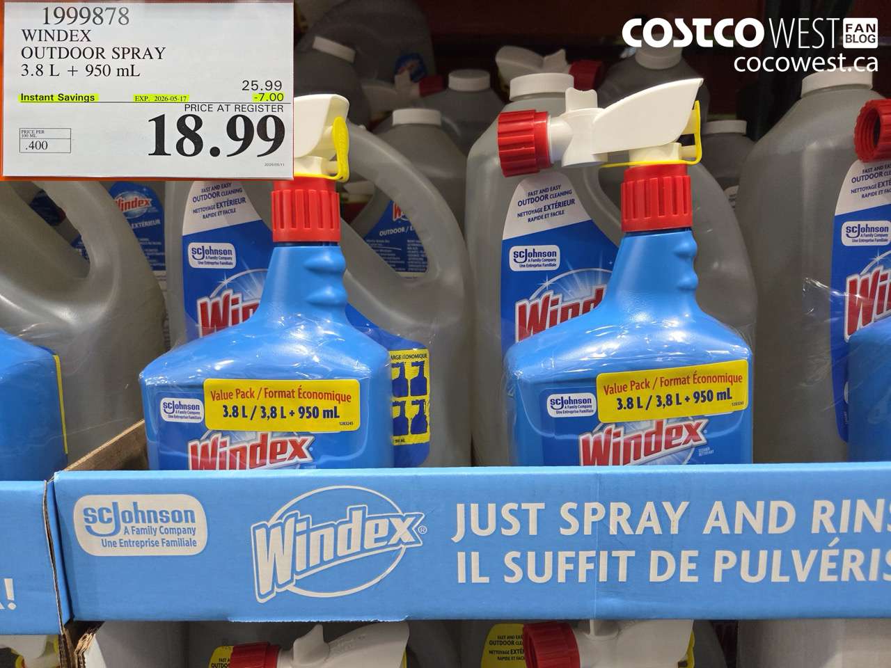 1999878 WINDEX OUTDOOR SPRAY 3.8 L + 950 ML ($7.00 INSTANT SAVINGS EXPIRES ON 2026-05-17) $18.99