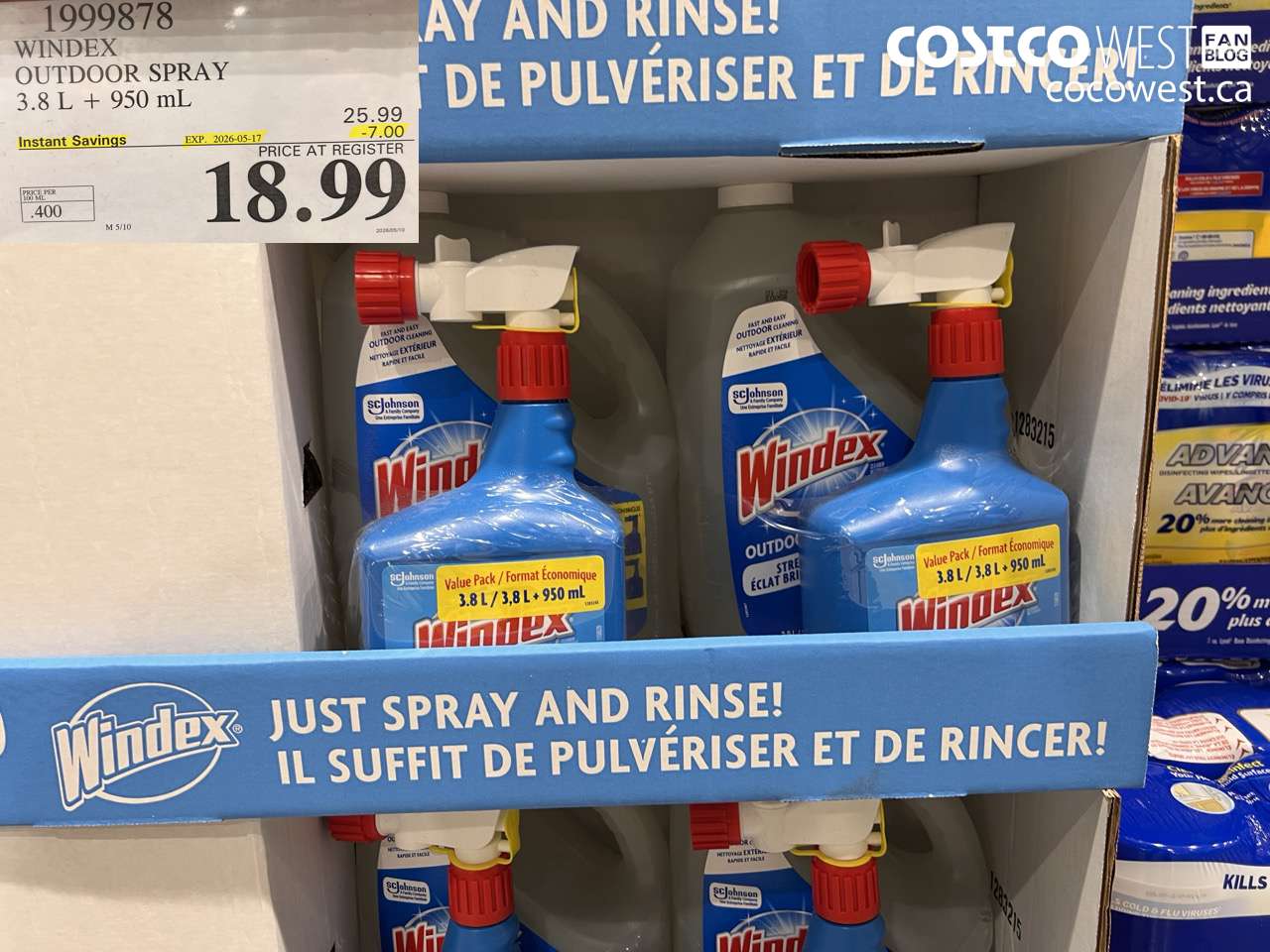 1999878 WINDEX OUTDOOR SPRAY 3.8 L + 950 ML ($7.00 INSTANT SAVINGS EXPIRES ON 2026-05-17) $18.99