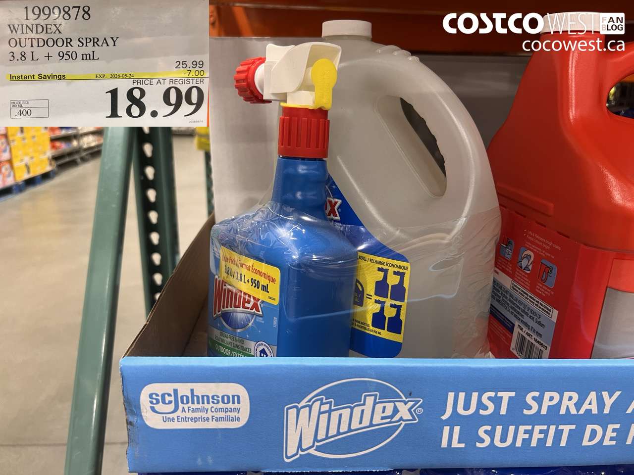 1999878 WINDEX OUTDOOR SPRAY 3.8 L + 950 ML ($7.00 INSTANT SAVINGS EXPIRES ON 2026-05-24) $18.99