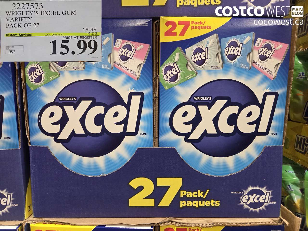 2227573 WRIGLEY'S EXCEL GUM VARIETY PACK OF 27 ($4.00 INSTANT SAVINGS EXPIRES ON 2026-05-31) $15.99
