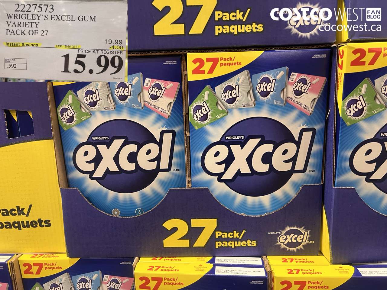 2227573 WRIGLEY'S EXCEL GUM VARIETY PACK OF 27 ($4.00 INSTANT SAVINGS EXPIRES ON 2026-05-31) $15.99