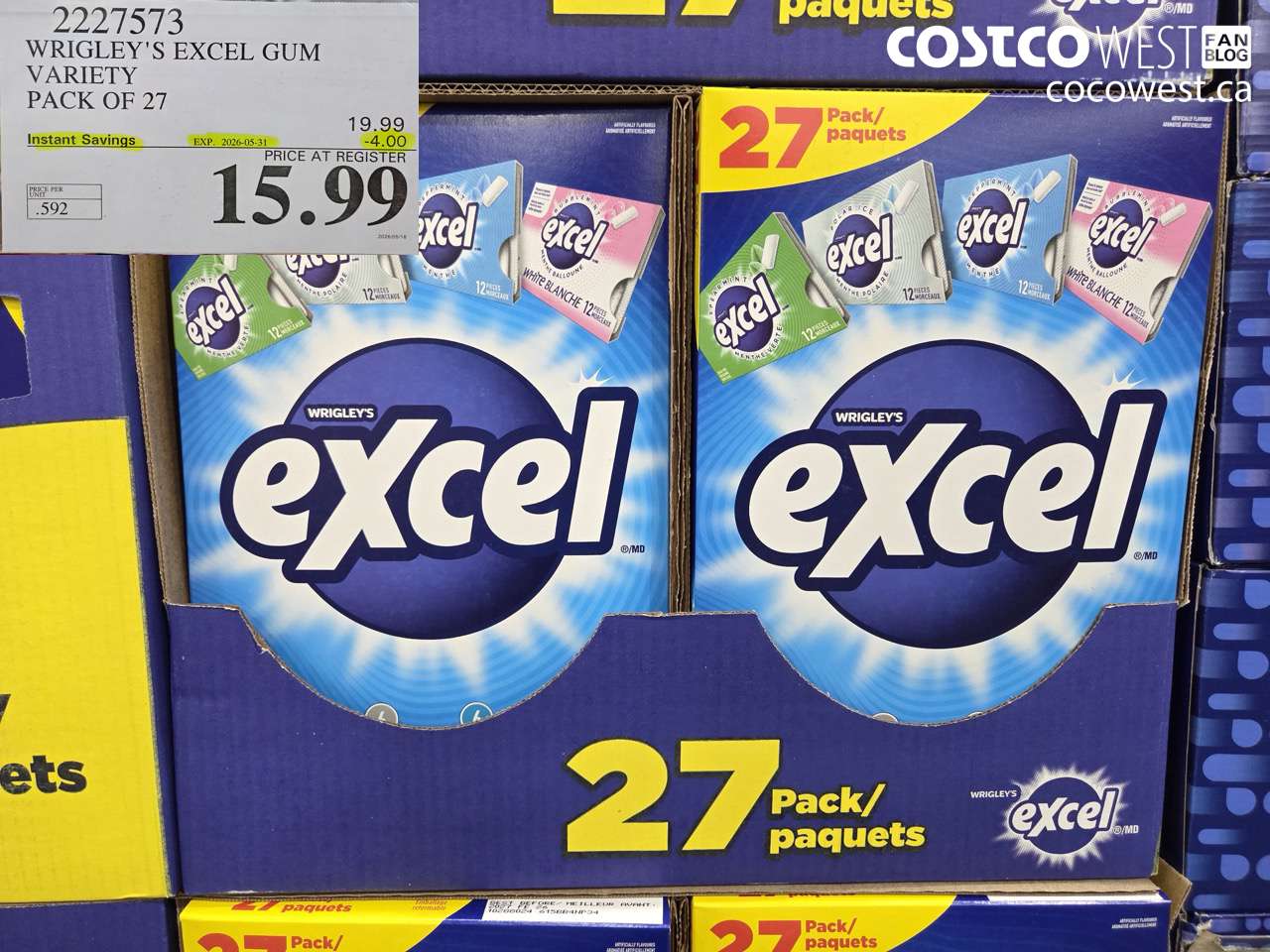 2227573 WRIGLEY'S EXCEL GUM VARIETY PACK OF 27 ($4.00 INSTANT SAVINGS EXPIRES ON 2026-05-31) $15.99
