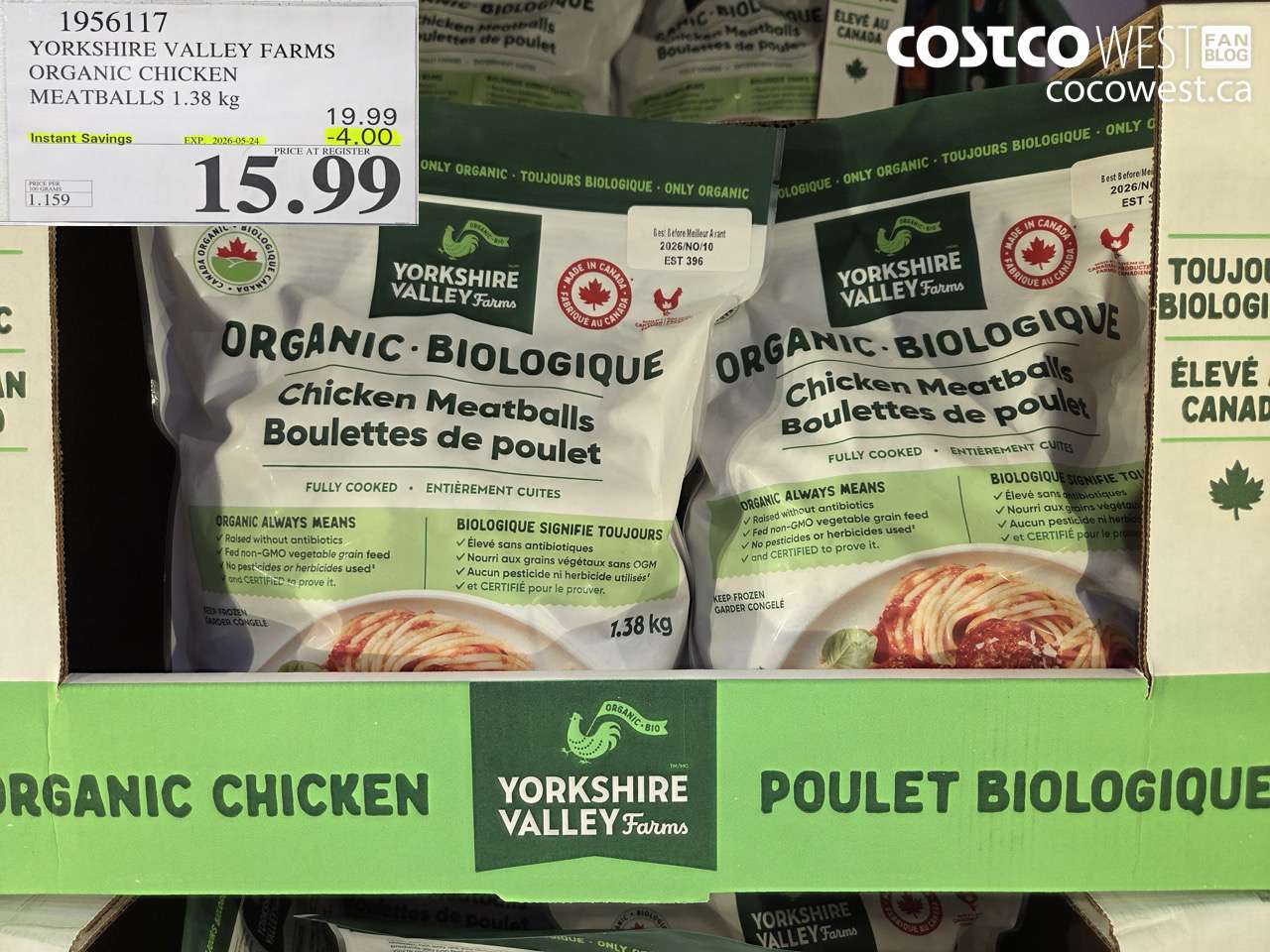 1956117 YORKSHIRE VALLEY FARMS ORGANIC CHICKEN MEATBALLS 1.38 KG ($4.00 INSTANT SAVINGS EXPIRES ON 2026-05-24) $15.99