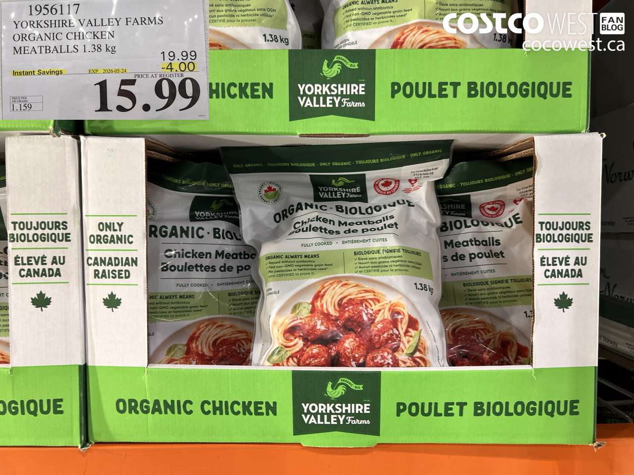 1956117 YORKSHIRE VALLEY FARMS ORGANIC CHICKEN MEATBALLS 1.38 KG ($4.00 INSTANT SAVINGS EXPIRES ON 2026-05-24) $15.99