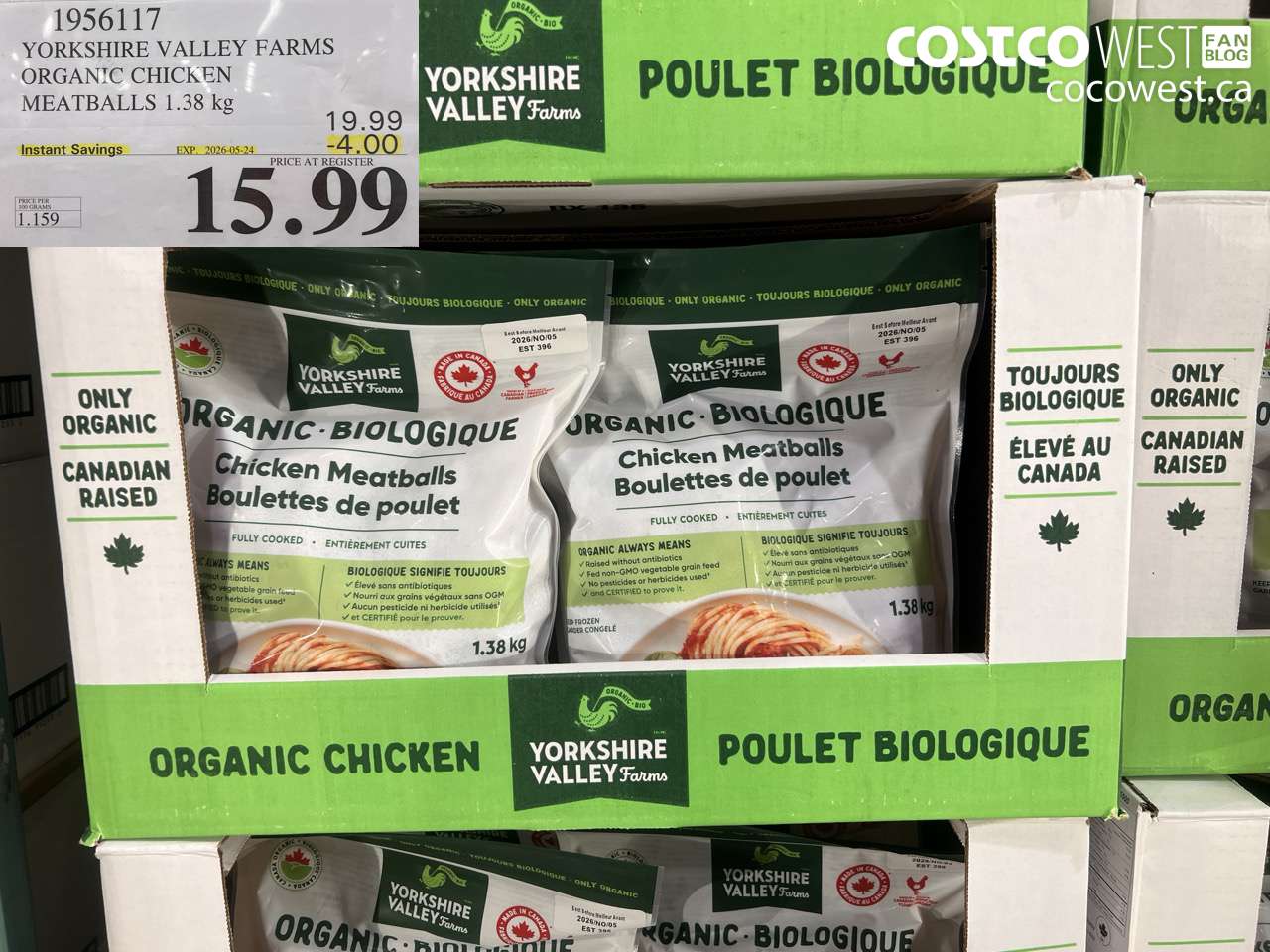 1956117 YORKSHIRE VALLEY FARMS ORGANIC CHICKEN MEATBALLS 1.38 KG ($4.00 INSTANT SAVINGS EXPIRES ON 2026-05-24) $15.99