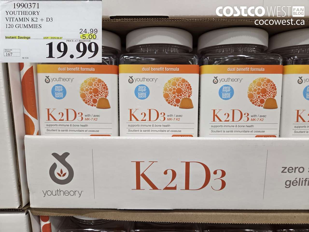 1990371 YOUTHEORY VITAMIN K2 + D3 120 GUMMIES ($5.00 INSTANT SAVINGS EXPIRES ON 2026-06-07) $19.99