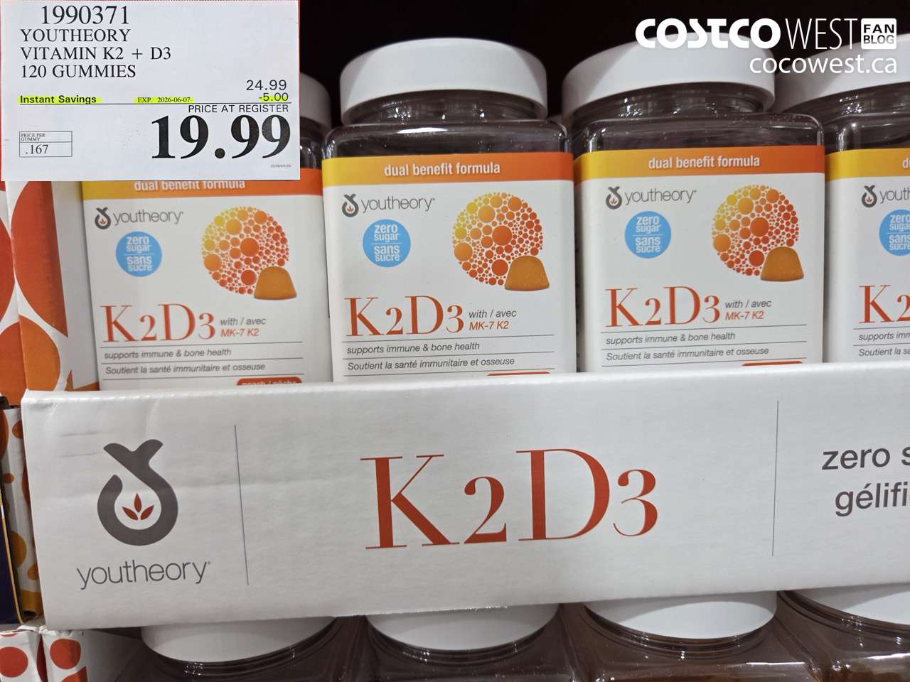 1990371 YOUTHEORY VITAMIN K2 + D3 120 GUMMIES ($5.00 INSTANT SAVINGS EXPIRES ON 2026-06-07) $19.99