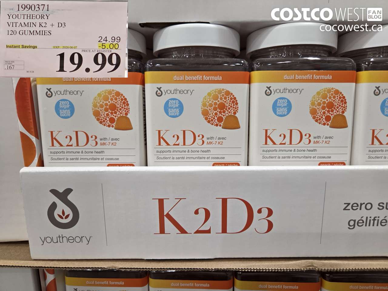 1990371 YOUTHEORY VITAMIN K2 + D3 120 GUMMIES ($5.00 INSTANT SAVINGS EXPIRES ON 2026-06-07) $19.99
