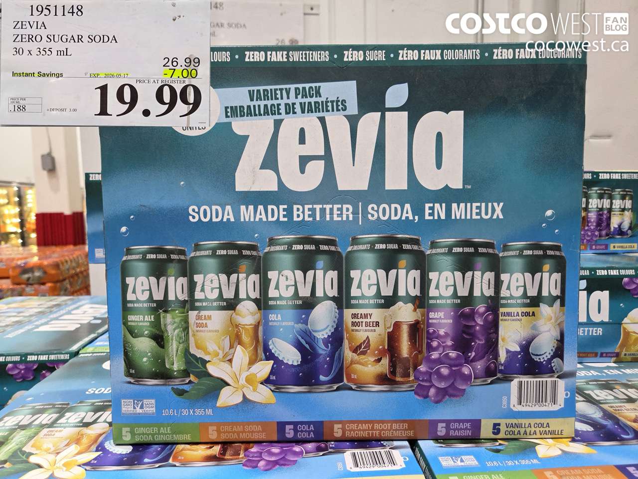 1951148 ZEVIA ZERO SUGAR SODA 30 X 355 ML ($7.00 INSTANT SAVINGS EXPIRES ON 2026-05-17) $19.99